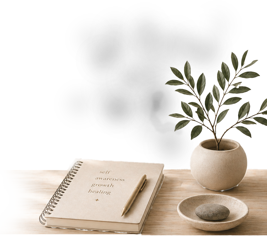 Table with a journal with a pen on top, a bowl with a rock and green leaf plant in a pot.
